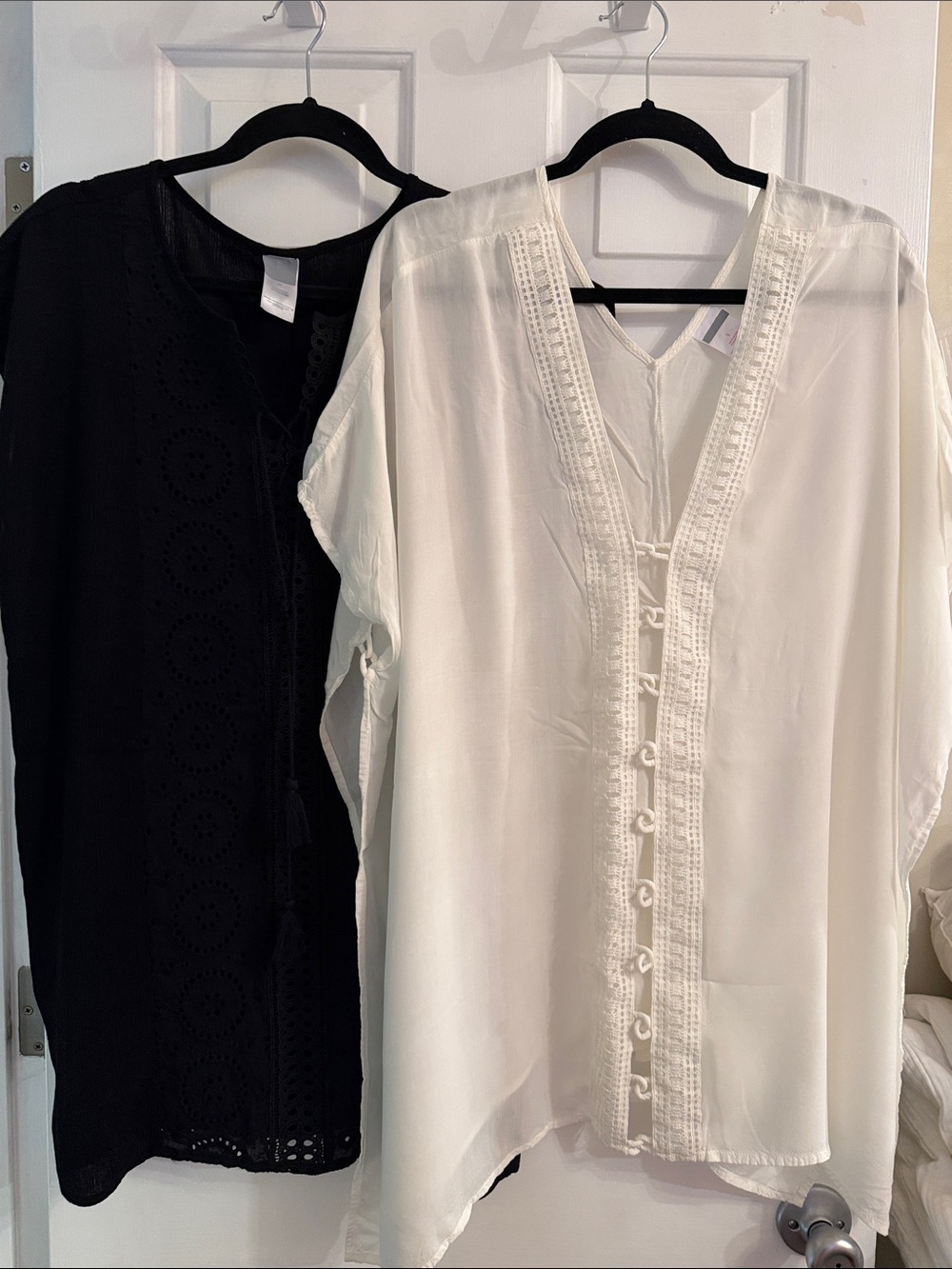 Set of Black & White Eyelet-Trim Swim Coverups